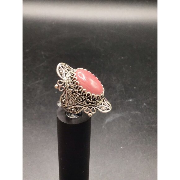 Rhodonite Ring Wide Elongated Bold Ornate Sterling Silver Setting Size 7 - Picture 4 of 8